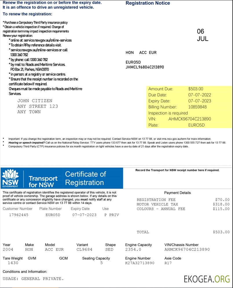 Certificat d'enregistrement Australia Transport for NSW